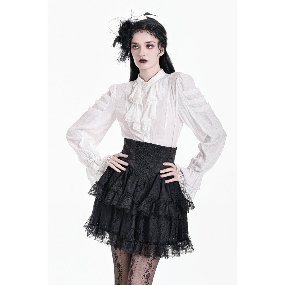 Schwarzer Mini-Rock Dark Crown Nocturne Skirt mit barocker Spitzenapplikation und Rüschen von Dark In Love