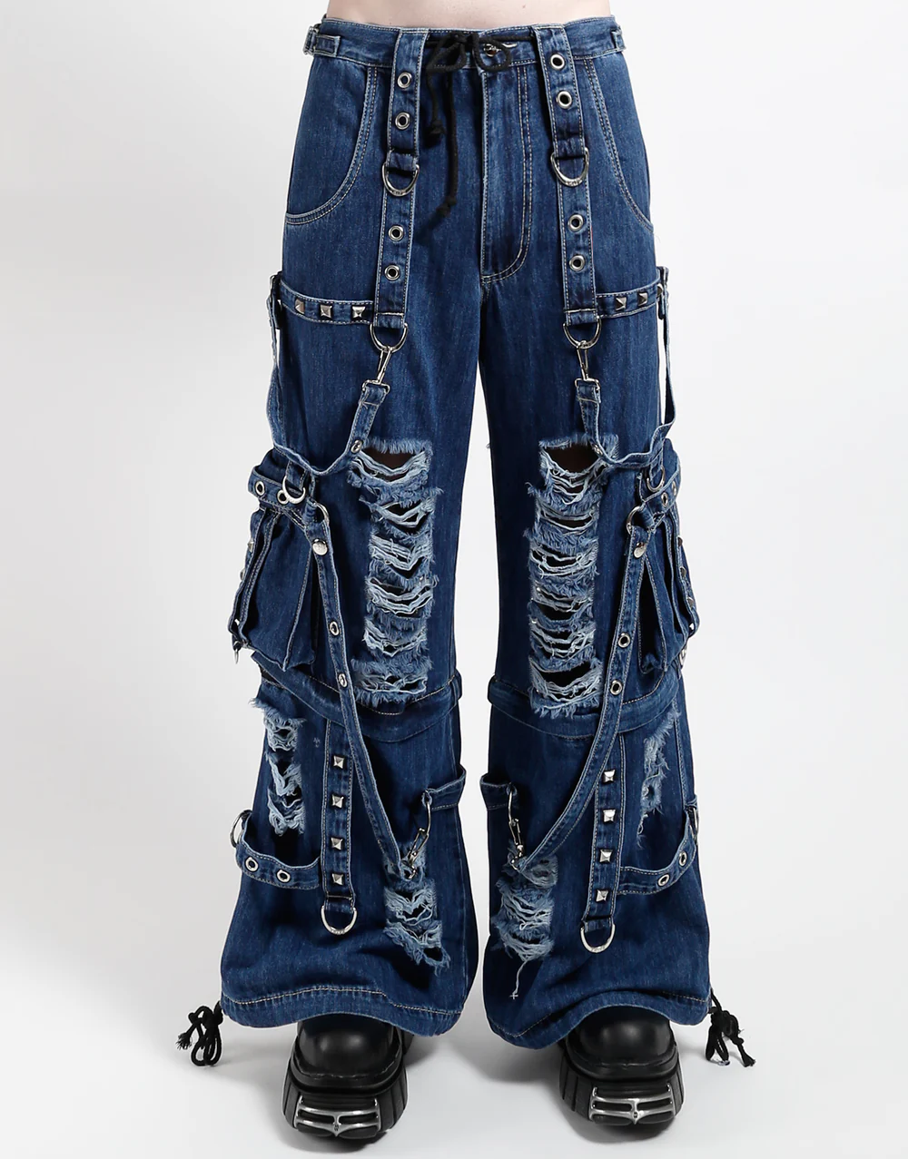 Blaue Hose BLUE SHREDDED PANTS mit Bändern und destroyed Optik an den Beinen mit Colours Branding
