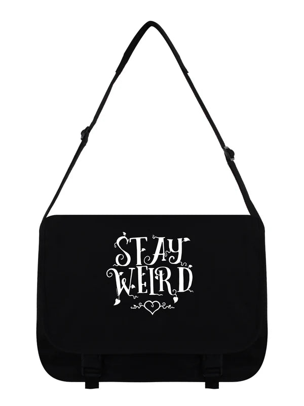 Schwarze Umhängetasche Stay Weird Messenger Bag mit weißem Schriftzug