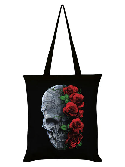 Schwarzer Stoffbeutel Requiem Collective Immortal Bloom Tote Bag mit Totenkopf- und Rosenprint