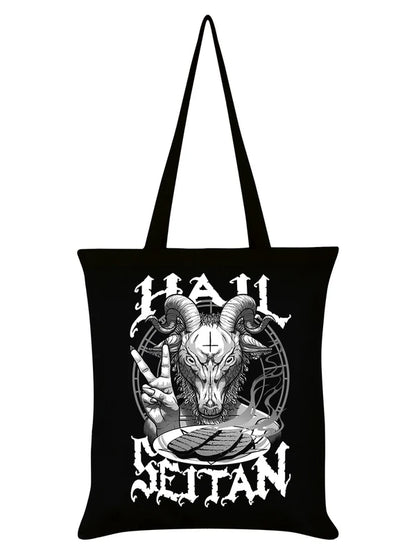 Schwarzer Stoffbeutel Hail Seitan Tote Bag mit Baphometprint