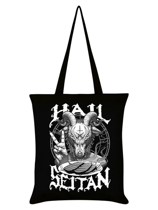 Schwarzer Stoffbeutel Hail Seitan Tote Bag mit Baphometprint