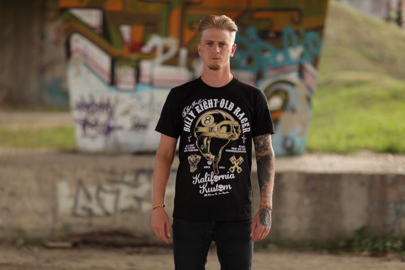 Schwarzes T-Shirt Old Racer Rockabilly Shirt mit Fliegermützenprint