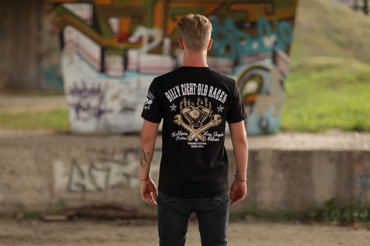 Rückseite schwarzes T-Shirt Old Racer Rockabilly Shirt mit Fliegermützenprint