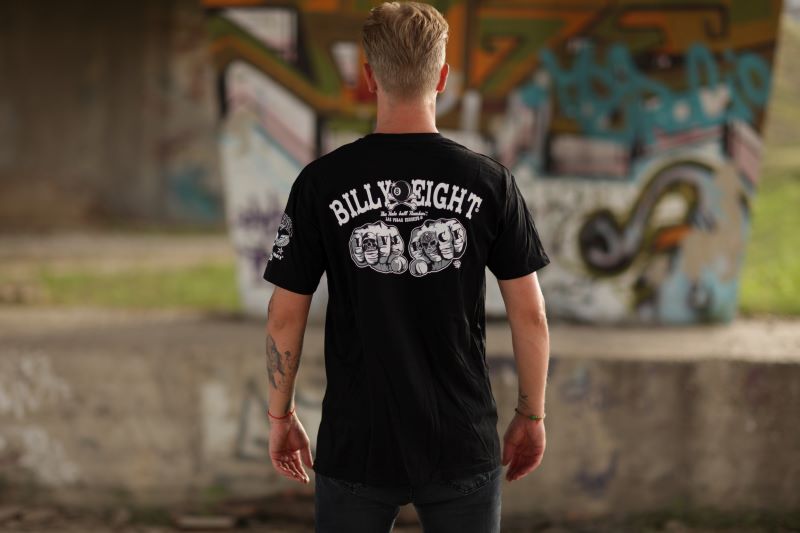 Rückseite schwarzes T-Shirt Love Rock Rockabilly Shirt mit zwei Fäusten und 'Billy Eight'-Schriftzug