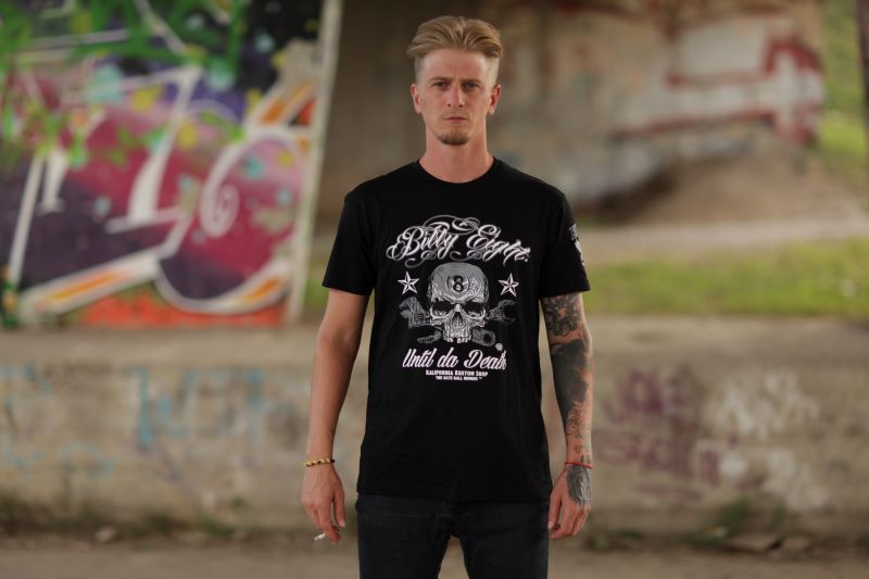 Schwarzes T-Shirt Until Death Rockabilly Shirt mit Totenkopfprint