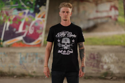 Schwarzes T-Shirt Until Death Rockabilly Shirt mit Totenkopfprint