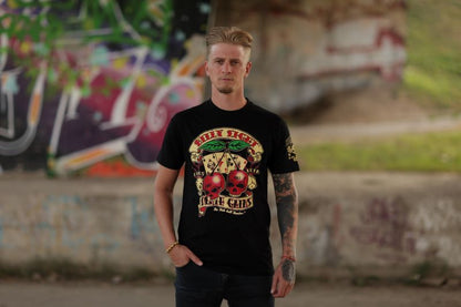 Schwarzes T-Shirt Death Gains Rockabilly Shirt im buntem Design mit Kirschprint