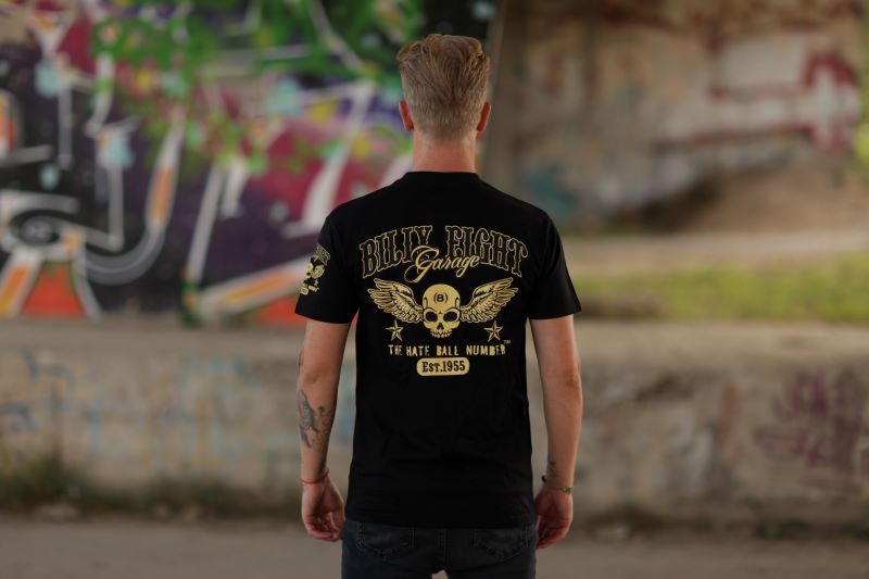 Rückseite schwarzes T-Shirt Death Gains Rockabilly Shirt im buntem Design mit Kirschprint