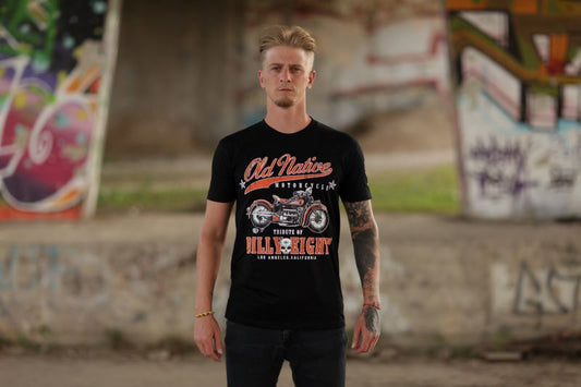 Schwarzes T-Shirt Old Native Rockabilly Shirt mit Motorradprint