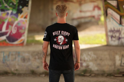 Rückseite schwarzes T-Shirt Never Die Rockabilly Shirt mit Totenkopfprint