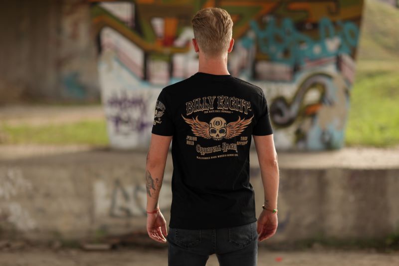 Rückseite schwarzes T-Shirt Original Racer Rockabilly Shirt mit Rad- und Flügelprint