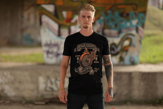 Schwarzes T-Shirt Original Racer Rockabilly Shirt mit Rad- und Flügelprint