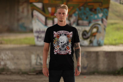 Schwarzes T-Shirt Inky Fool Rockabilly Shirt in buntem Design mit Totenkopfprint