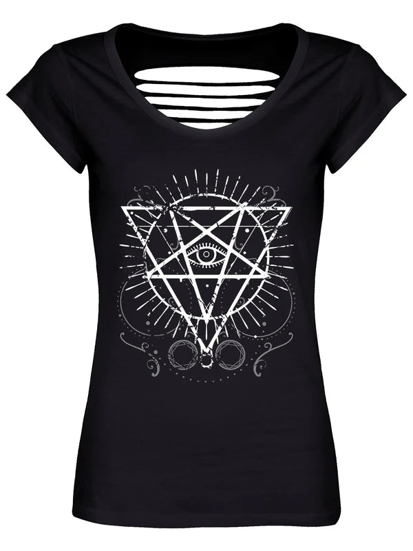 Schwarzes, tailliertes Pentagram Eye Razor Back Shirt mit weißem Pentagram- und Augenprint und vielen Details, sowie Zierschnitten auf Rückseite