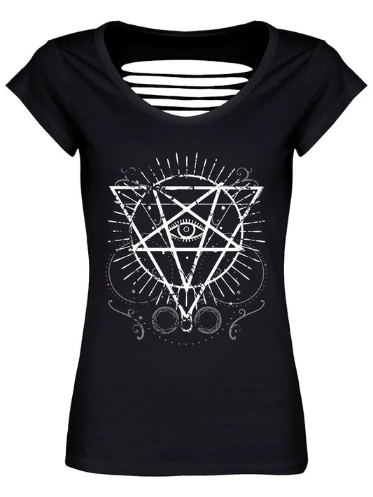 Schwarzes, tailliertes Pentagram Eye Razor Back Shirt mit weißem Pentagram- und Augenprint und vielen Details, sowie Zierschnitten auf Rückseite