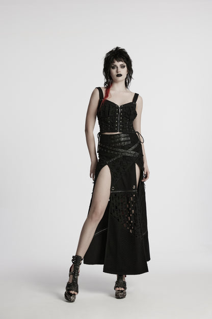 Schwarzer, langer Rock VOID WITCH POST APOCALYPTIC SKIRT im Distressed-Patchwork-Stil mit Schlitzen vorne und abnehmbarem Saum von Punk Rave
