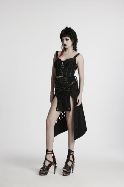 Schwarzer, langer Rock VOID WITCH POST APOCALYPTIC SKIRT im Distressed-Patchwork-Stil mit Schlitzen vorne und abnehmbarem Saum von Punk Rave