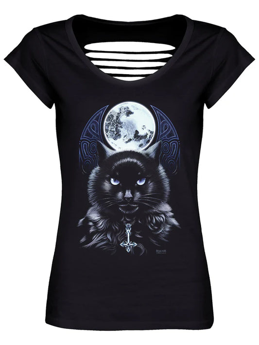 Schwarzes, tailliertes Requiem Collective Bewitching Hour Razor Back Shirt mit realistischem Katzen- und Mondprint, sowie Zierschnitten auf Rückseite