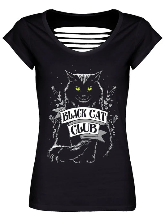 Schwarzes, tailliertes Black Cat Club Razor Back Shirt mit comicartigem Katzenprint, sowie Zierschnitten auf Rückseite