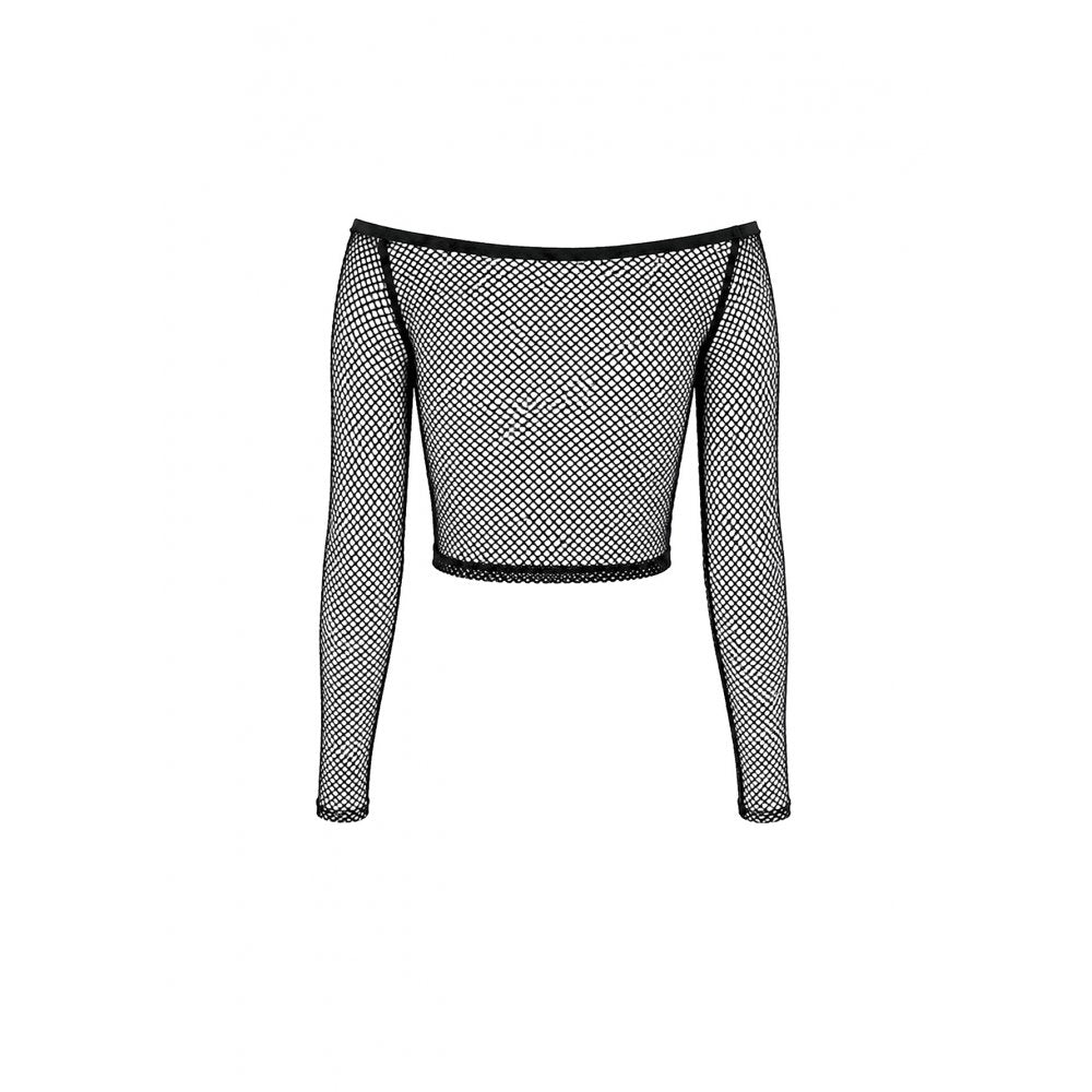 Schwarzes, schulterfreies Netzoberteil Mesh Matrix Fishnet Top mit Ösendetails und Reißverschluss von Dark In Love
