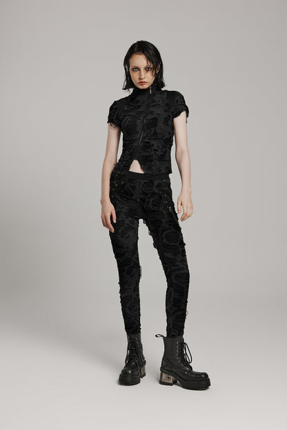 Schwarzes, tailliertes Kurzarm-Oberteil SHAMANISM TOP im Distressed-Look mit asymmetrischem Reißverschlussdetail von Punk Rave