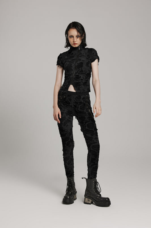 Schwarzes, tailliertes Kurzarm-Oberteil SHAMANISM TOP im Distressed-Look mit asymmetrischem Reißverschlussdetail von Punk Rave