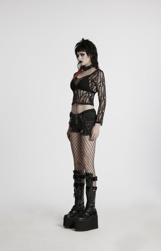 Schwarzes Netzshirt VENUS FLYTRAP MESH TOP im Distressed-Look von Punk Rave