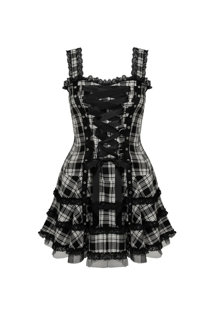 Weiß-schwarzes Schottenkaro-Kleid Harley White Tartan Dress im Punk-Stil mit Zierschnürung von Hellbunny