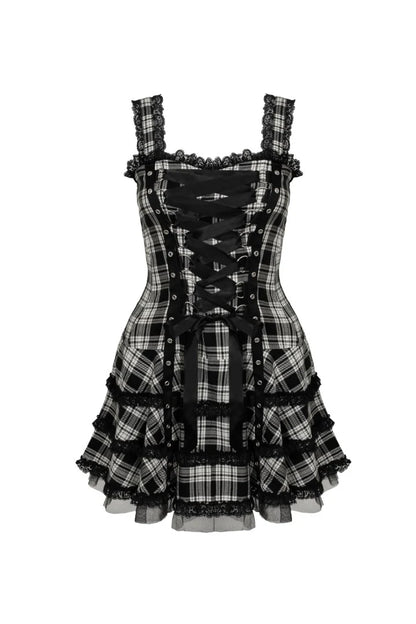 Weiß-schwarzes Schottenkaro-Kleid Harley White Tartan Dress im Punk-Stil mit Zierschnürung von Hellbunny