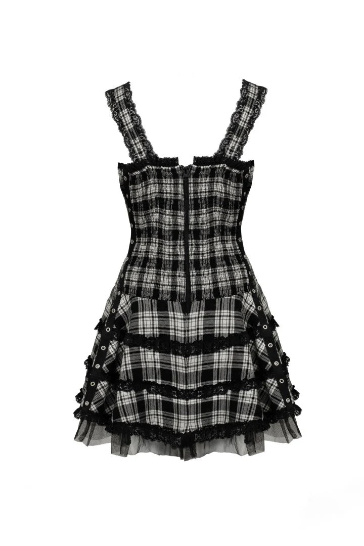 Weiß-schwarzes Schottenkaro-Kleid Harley White Tartan Dress im Punk-Stil mit Zierschnürung von Hellbunny