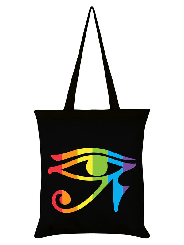 Schwarzer Stoffbeutel Gothic Pride Tote Bag mit Horusaugenprint im Regenbogendesign