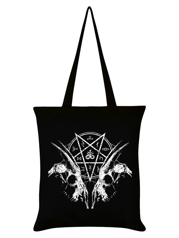 Schwarzer Stoffbeutel Goat Skull Pentagram Tote Bag mit Pentagram- und Ziegenschädelprint