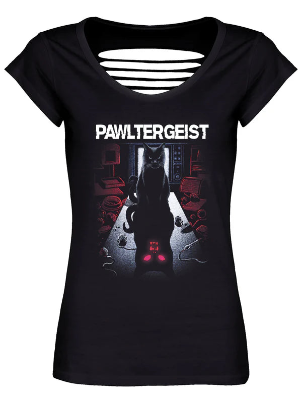 Schwarzes, tailliertes Horror Cats Pawltergeist Razor Back Shirt mit gruseligem Katzenprint, sowie Zierschnitten auf Rückseite