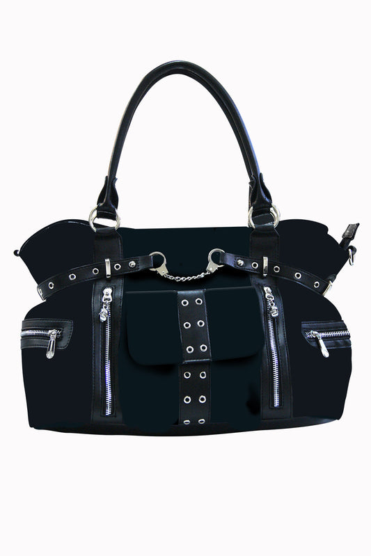 Schwarze Handtasche BLACK RISE UP BAG mit Handschellendetail und Seitentaschen von Banned