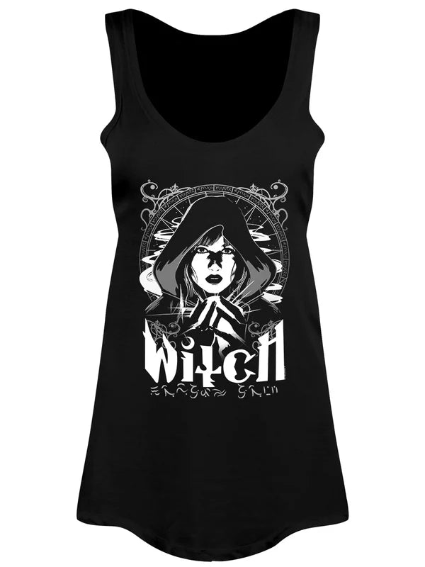 Schwarze, lockere Spiritual Witch Floaty Vest im mit weißem, comicartigem Hexenprint