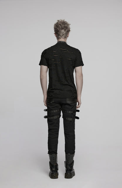 Figurbetontes T-Shirt DARK KNIGHT SHIRT im Used-Look mit Kunstlederriemen und Mesh-Einsätzen von Punk Rave