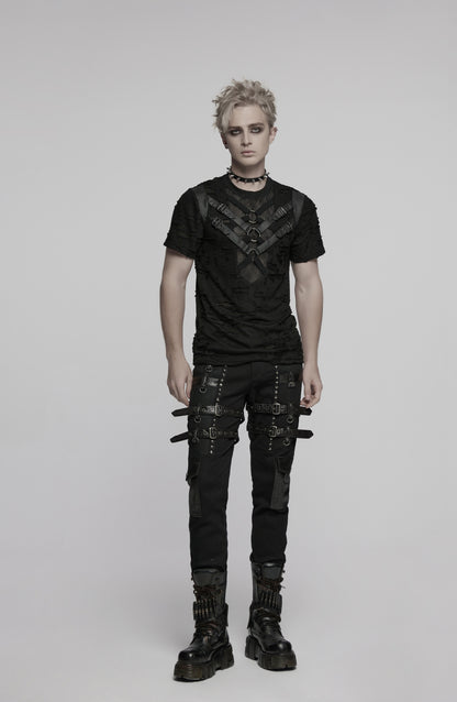 Figurbetontes T-Shirt DARK KNIGHT SHIRT im Used-Look mit Kunstlederriemen und Mesh-Einsätzen von Punk Rave