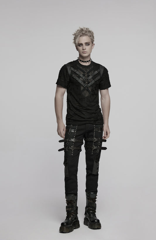 Figurbetontes T-Shirt DARK KNIGHT SHIRT im Used-Look mit Kunstlederriemen und Mesh-Einsätzen von Punk Rave