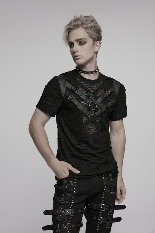 Figurbetontes T-Shirt DARK KNIGHT SHIRT im Used-Look mit Kunstlederriemen und Mesh-Einsätzen von Punk Rave