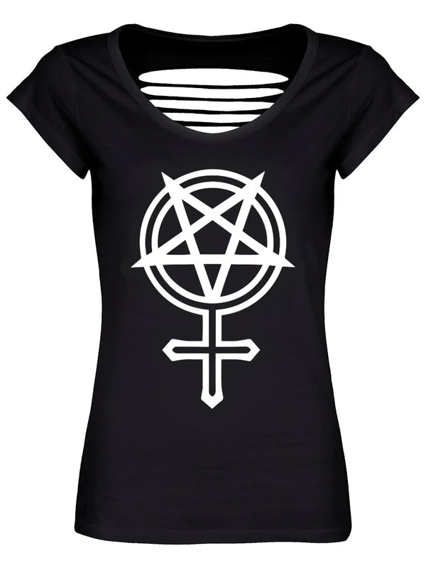 Schwarzes, tailliertes Feminist Goth Razor Back Shirt mit weißem Pentagram- und Venussymbol, sowie Zierschnitten auf Rückseite