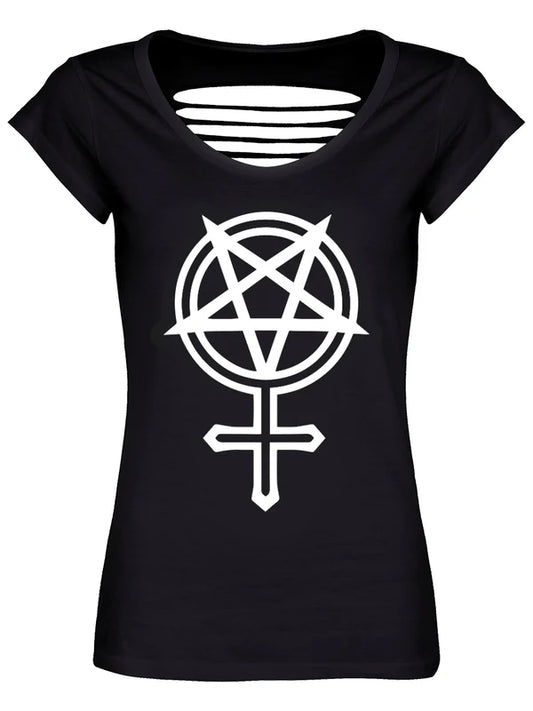 Schwarzes, tailliertes Feminist Goth Razor Back Shirt mit weißem Pentagram- und Venussymbol, sowie Zierschnitten auf Rückseite