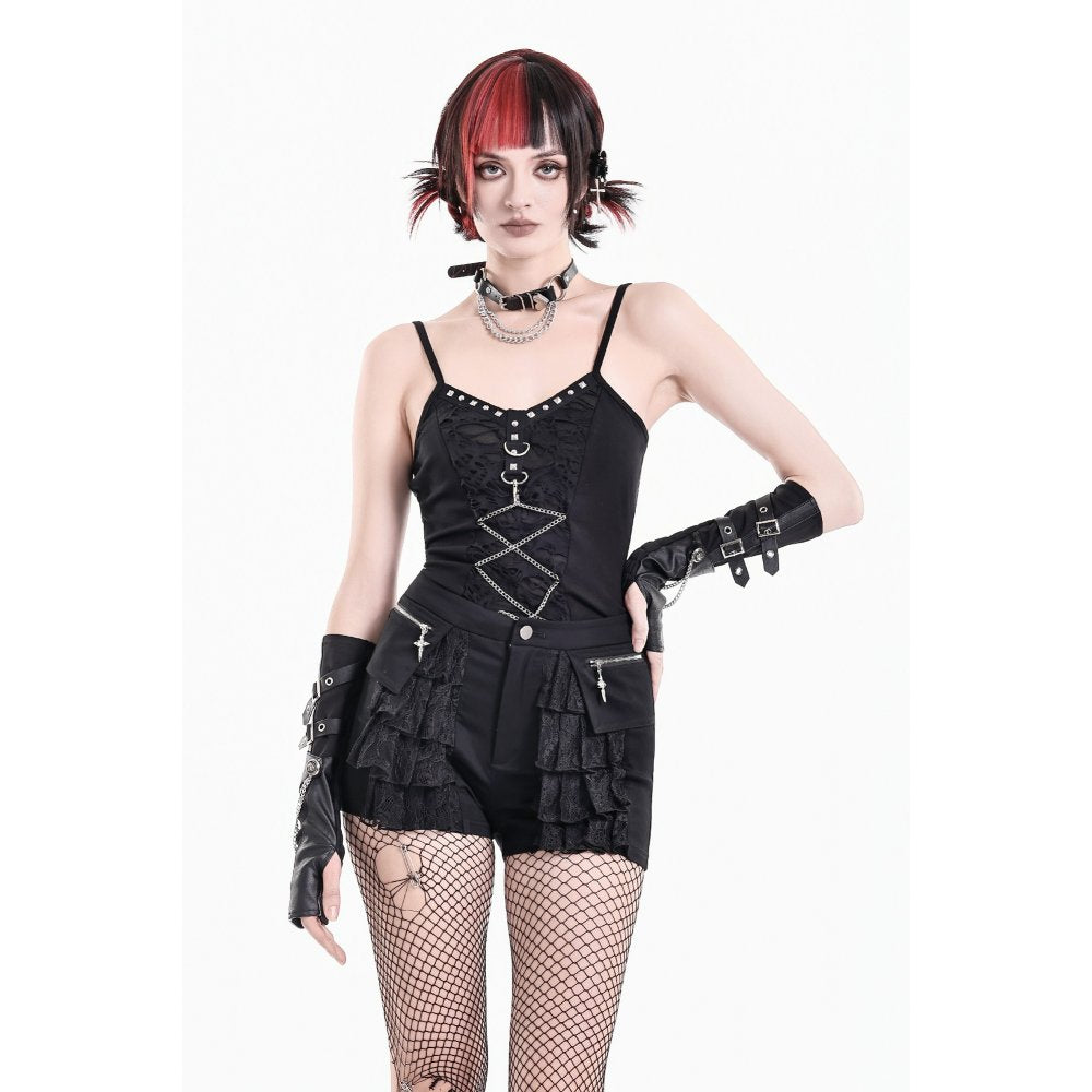 Schwarze Hotpants Daggered Vines Shorts Dark mit Überrock und Spitzendetails von Dark In Love