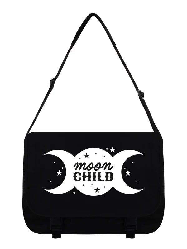 Schwarze Umhängetasche Moon Child Messenger Bag mit großem Triple Moon-Print