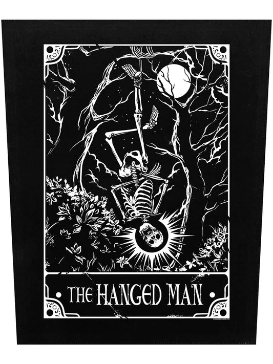 Schwarzer, großer Aufnäher Deadly Tarot The Hanged Man Back Patch mit kopfüber an einem Baum hängendem Skelett im Tarotdesign