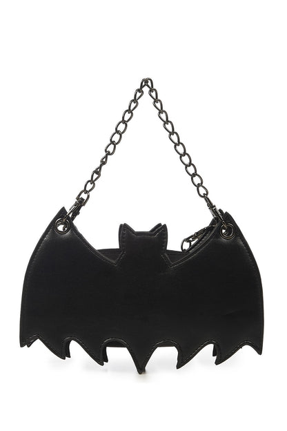 Schwarze, kleine Handtasche BLACK CELEBRATION BAG in Form einer Fledermaus von Banned