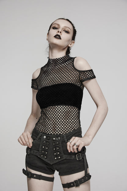 Tailliertes, schwarzes Fischnetz-Shirt NEBULA MESH TOP von Punk Rave