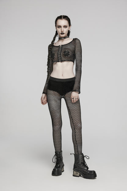 Bauchfreies, schwarzes Fischnetz-Shirt NEBULA MESH CROP TOP mit langen Ärmeln und Reißverschluss von Punk Rave