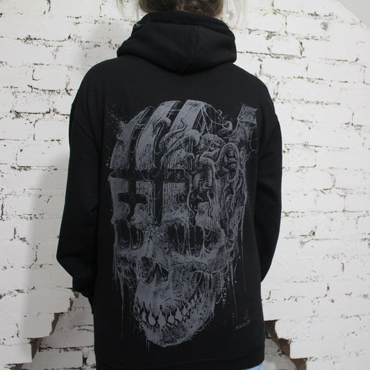 Schwarzer WHERE IS MY MIND Kapuzenpullover mit grauem Oversize-Rückenprint von Godmachine