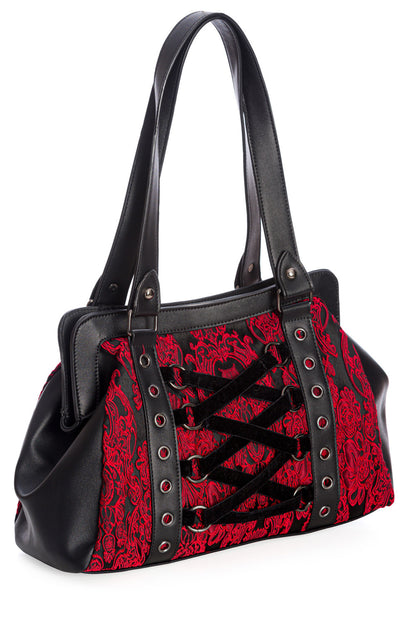 Rot-schwarze Handtasche ANEMONE HANDBAG Red mit Brokatmuster und dekorativer Samtschnürung von Banned